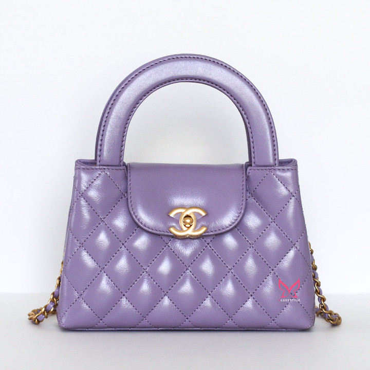 CHANEL Chanel 24P Nano Kelly Purple Quilted Calfskin Brushed Gold Hardware 