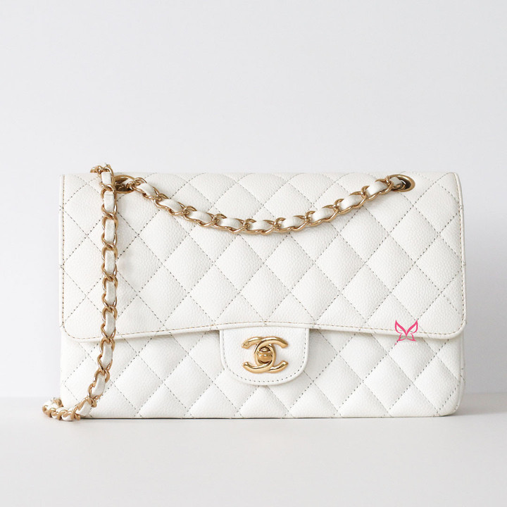 CHANEL Vintage Chanel Classic Medium Flap White Quilted  Caviar 24K Gold Plated Hardware 