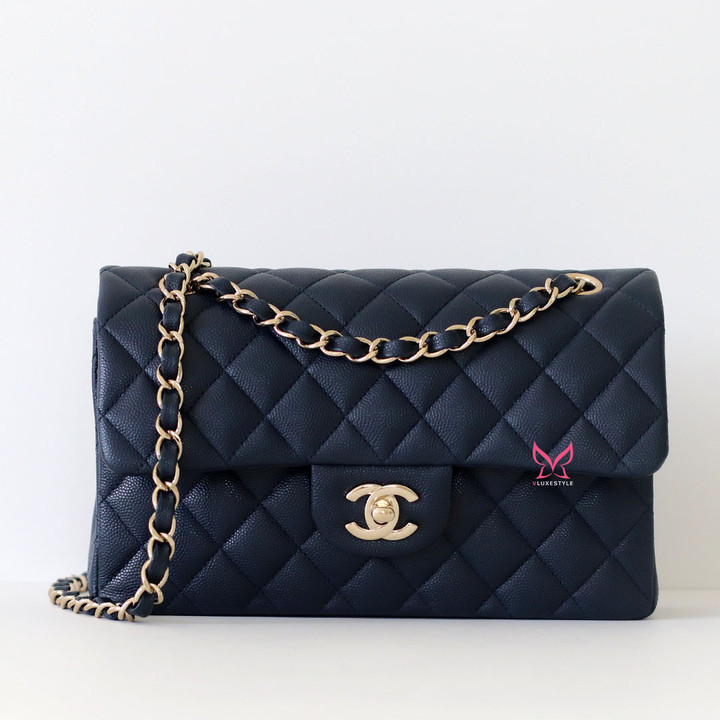 Chanel Classic Small Flap 21B Navy Quilted Caviar Light Gold Hardware
