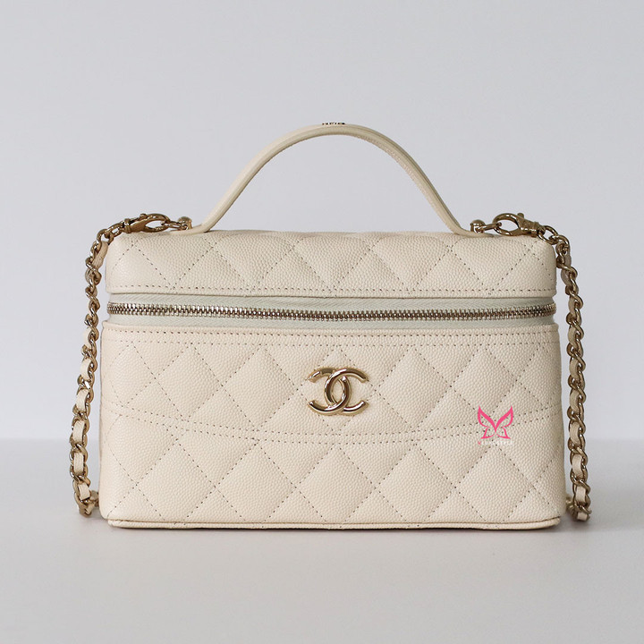 CHANEL Trendy Top Handle Vanity Case 25C Beige Caviar Light Gold Handle