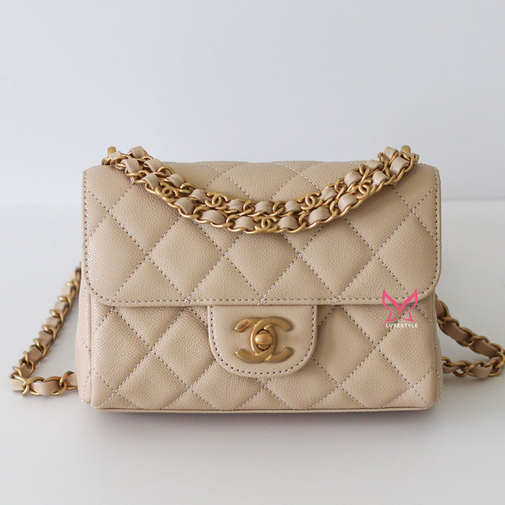 Mini Flap 25P Beige Quilted Caviar Brushed Gold Hardware