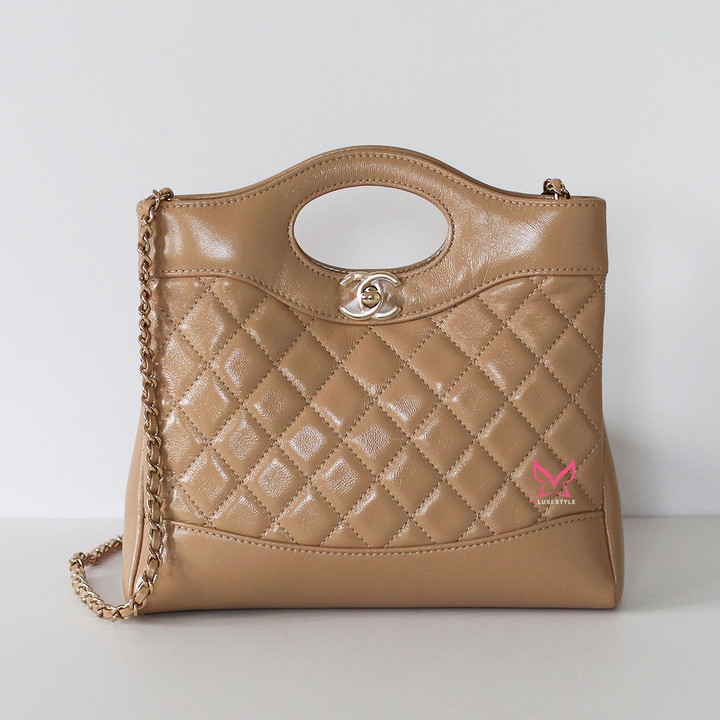 CHANEL Nano 31 Mini 24S Dark Beige Shiny Aged Quilted Calfskin Light Gold Hardware 