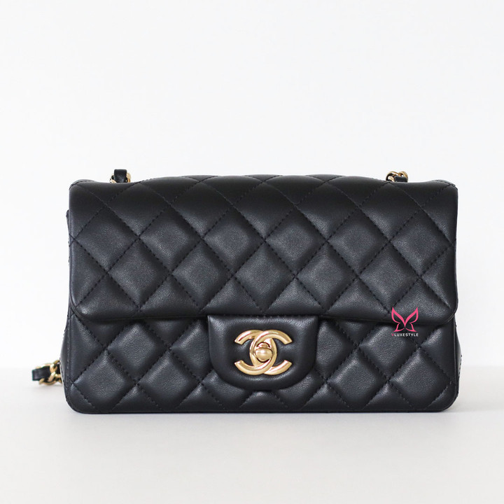 Mini Rectangular Flap 24S Black Quilted Lambskin Light Gold Hardware