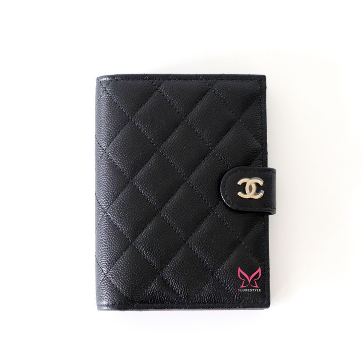 CHANEL Passport Holder 25S Black Quilted Caviar Light Gold Hardware 