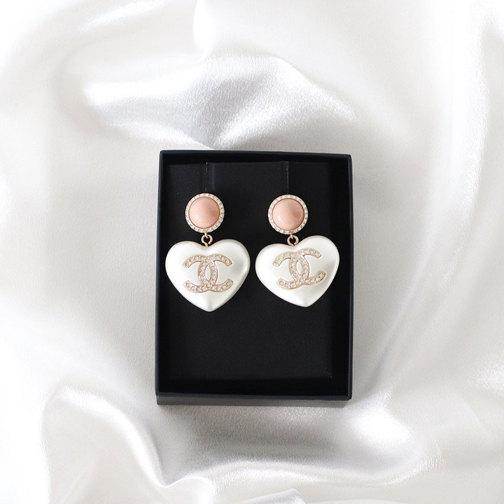 CHANEL Heart Drop CC Large Earrings  21B Crystal Pearl Pink Light Gold 