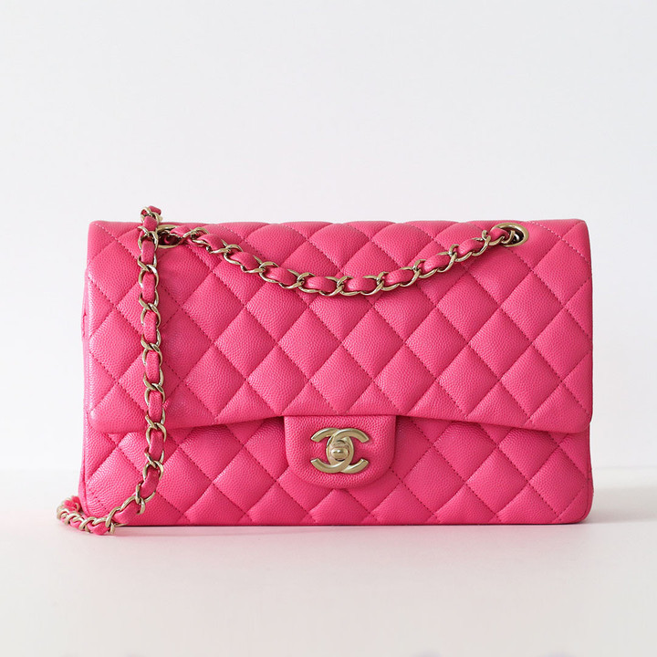 CHANEL Classic Medium Flap 20S Barbie Pink Quilted Caviar Light Gold Hardware 