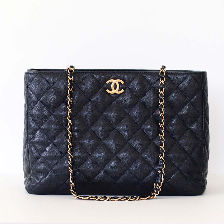 Timeless Tote 22K Navy Quilted Caviar Gold Hardware