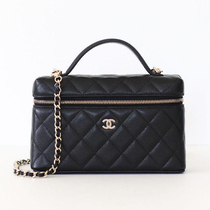 CHANEL Partial payment: Vanity Top  Handle Bag with Chain 25K Black Quilted Caviar Light Gold Hardware 
