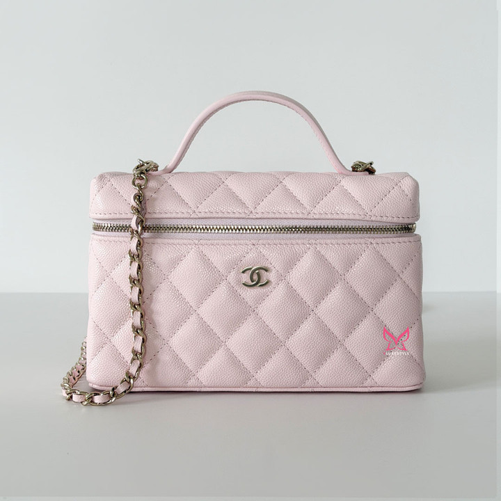 CHANEL Vanity Top Handle Bag with Chain 26C Light Pink Quilted Caviar Light Gold Hardware 