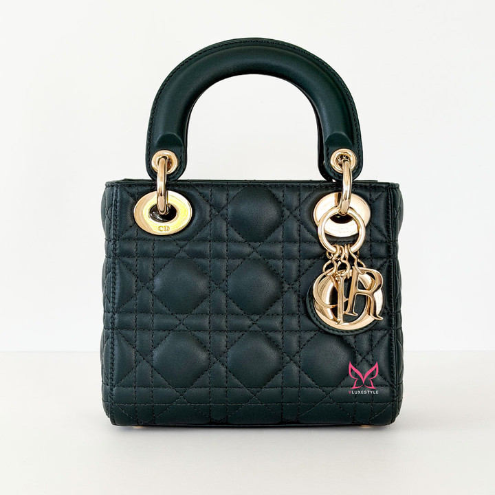Mini Lady Dior Dark Green Lambskin Cannage Pale Gold Hardware