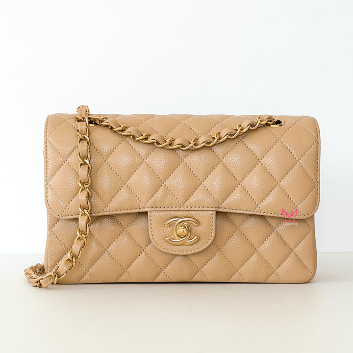 CHANEL Classic Small Flap Beige Quilted Caviar Gold Hardware 