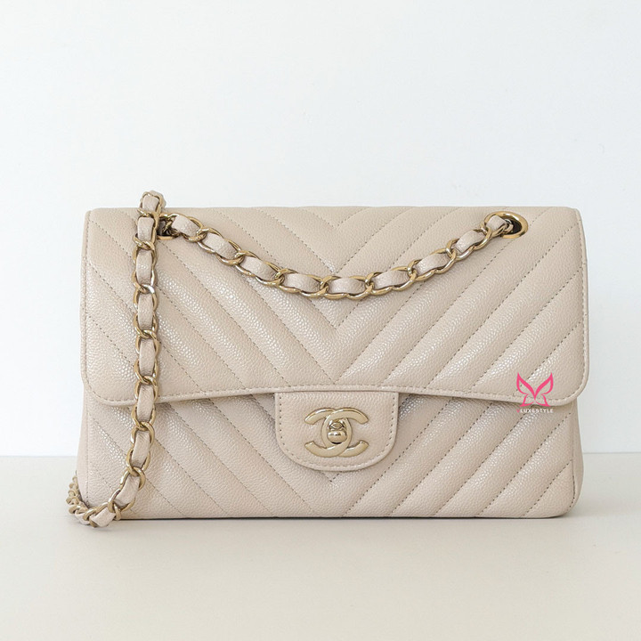 CHANEL Classic Small Flap 20B Ivory Chevron Caviar Light Gold Hardware 