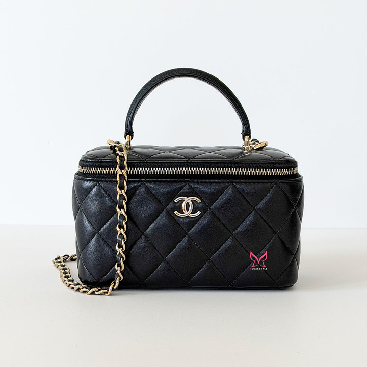 Vanity Case Top Handle with Chain Black Quilted Lambskin Light Gold Hardware