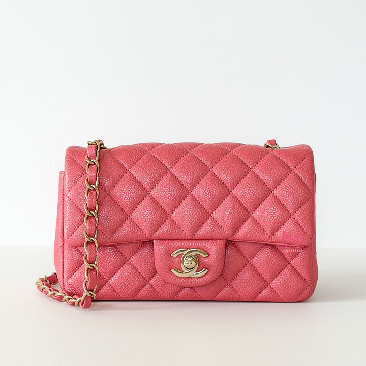 CHANEL Classic Mini Rectangular Flap 18S Iridescent Pink Quilted Caviar Light Gold Hardware 