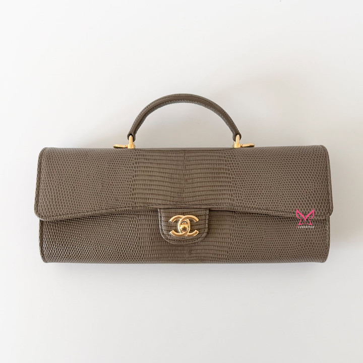 CHANEL Clutch Top Handle with Chain  26A Khaki Lizard Embossed Gold Hardware 