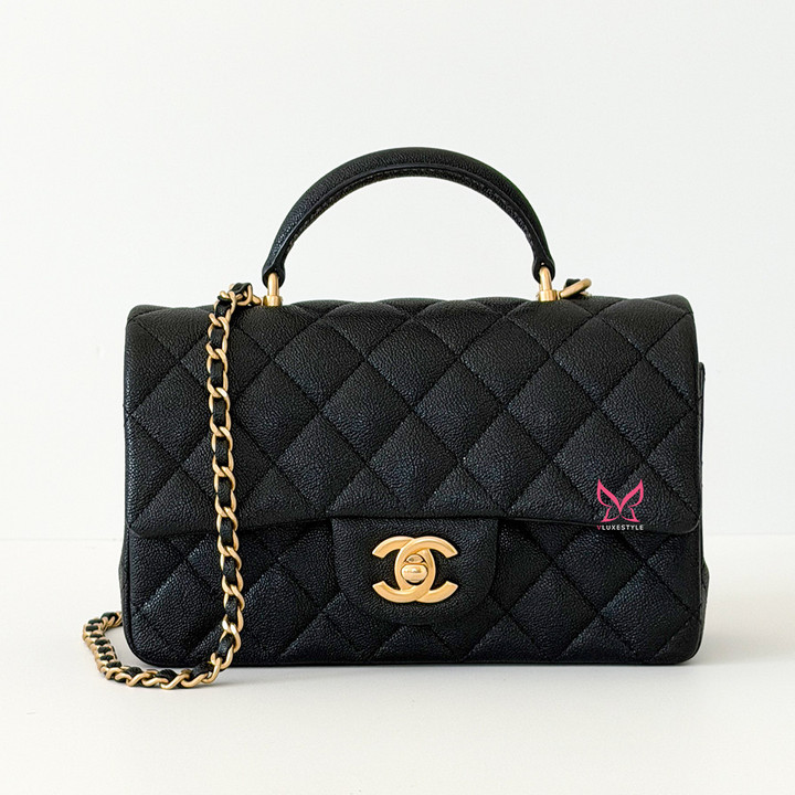 CHANEL Classic Mini Rectangular Top Handle 21S Black Quilted Caviar Brushed Gold Hardware 