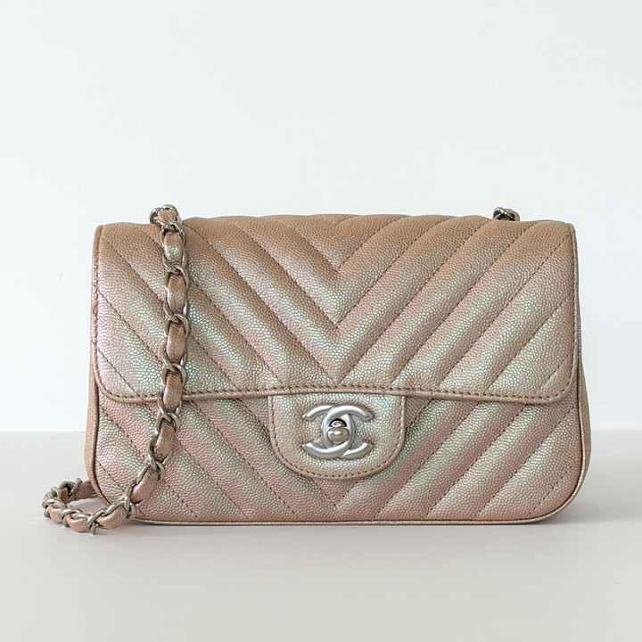 CHANEL Classic Mini Rectangular 17B Rose Gold Chevron Caviar Silver Hardware 