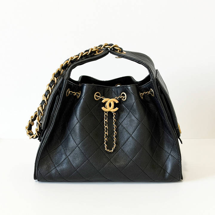 CHANEL Small 25 Hobo Bag 25S Black Quilted Caviar Brushed Gold Hardware 