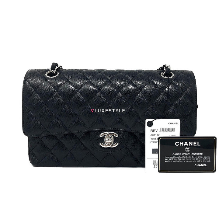 VAN CLEEF 
ARPELS RESERVED: Chanel Classic Medium Double Flap Black Quilted Caviar with silver hardware 