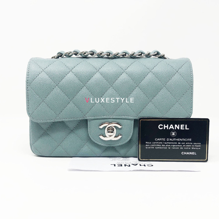 Chanel 18C Mini Rectangular Light Blue Quilted Caviar with silver hardware