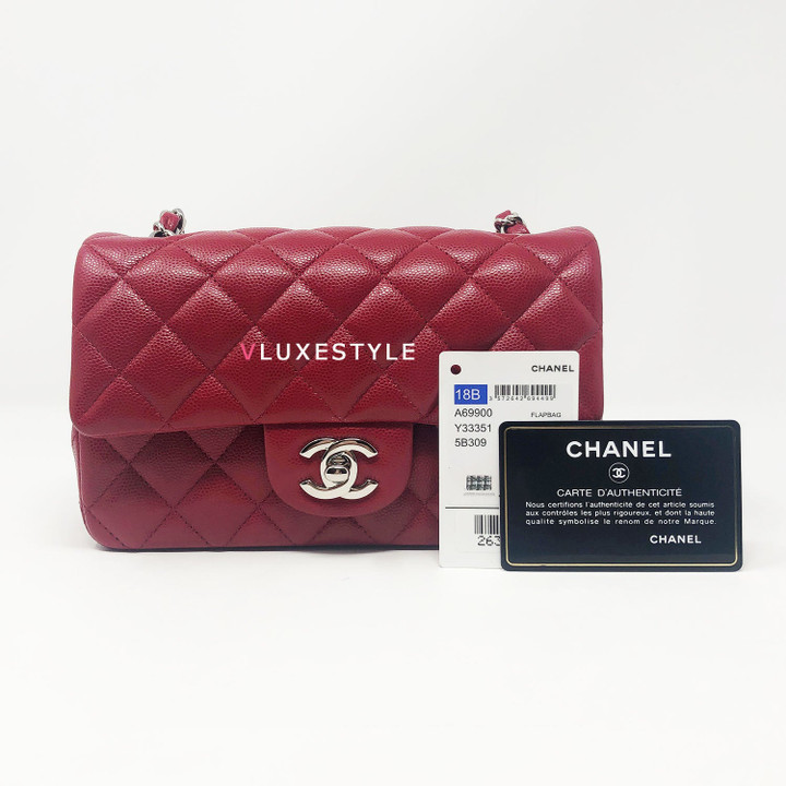 Chanel 18B Mini Rectangular Raspberry Red Quilted Caviar with silver hardware