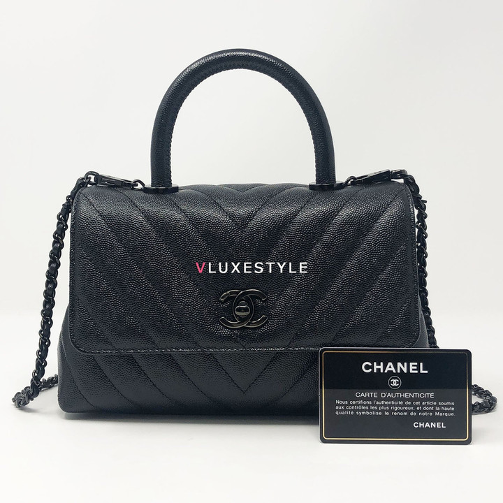 VAN CLEEF 
ARPELS Chanel 18A So Black Mini Coco Handle Chevron Caviar with shiny black hardware 