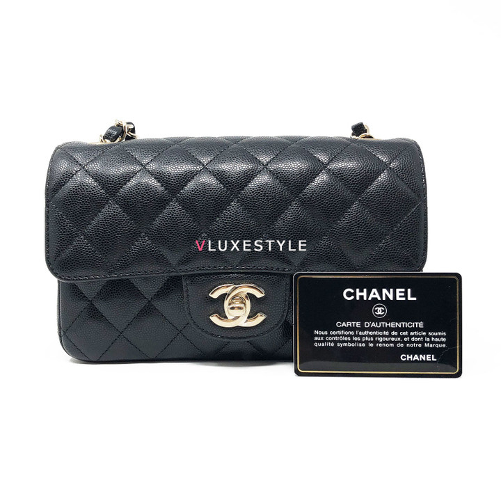 17C Classic Mini Rectangular Black Quilted Caviar with light gold hardware