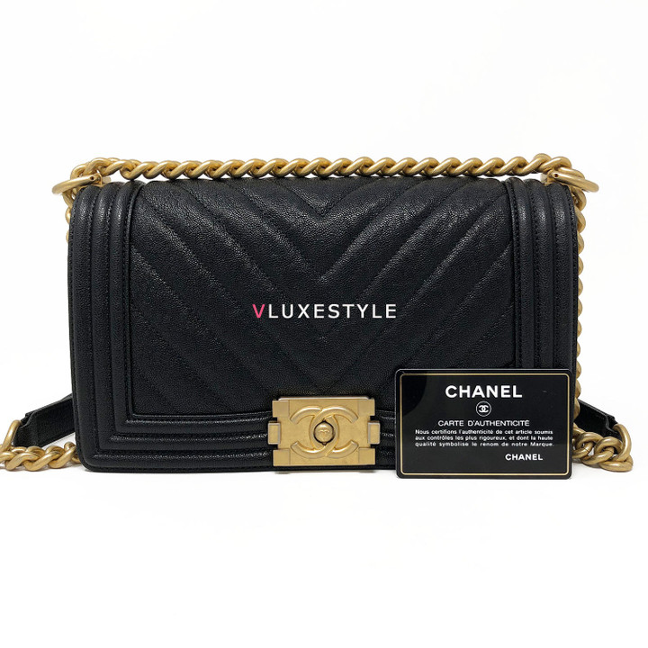 Chanel 18K Le Boy Old Medium Black Chevron Caviar with brushed gold hardware