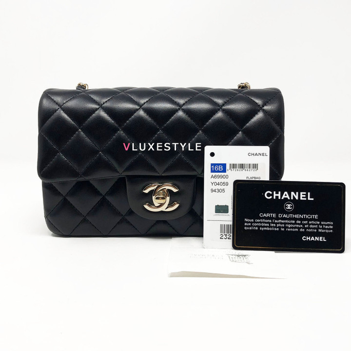 Chanel 16B Classic Mini Rectangular Black Quilted Lambskin with light gold hardware