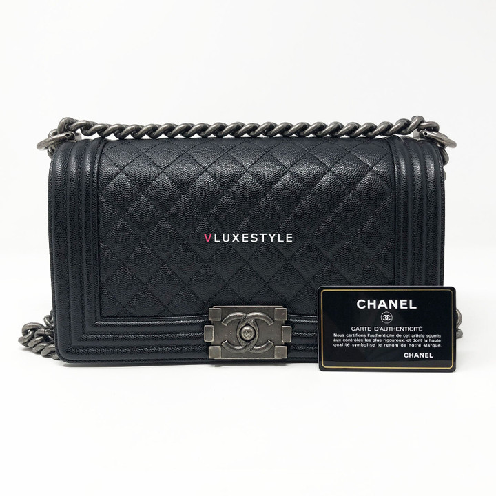 Chanel 2018 Le Boy Old Medium Black Quilted Caviar with ruthenium hardware