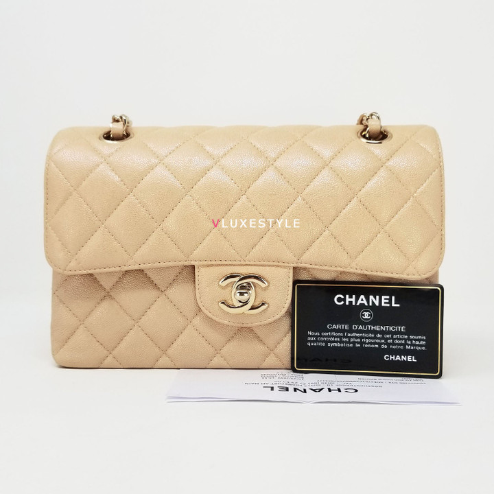 Chanel Classic Small Double Flap 19S Iridescent Light Beige Quilted Caviar with light gold hardware-1653429392