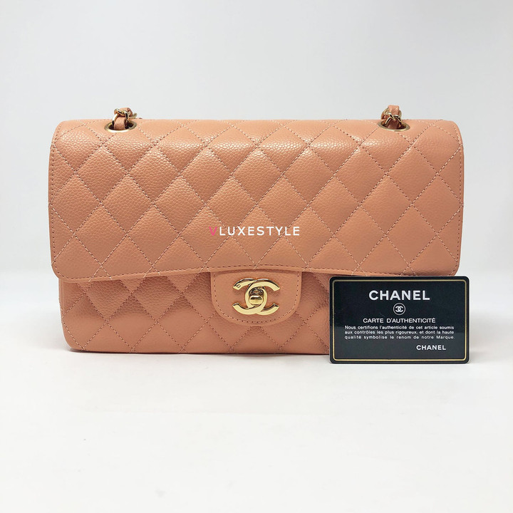 VAN CLEEF 
ARPELS Chanel Vintage Classic Medium Double Flap Salmon Pink Quilted Caviar with 24k gold plated hardware-1653429452 