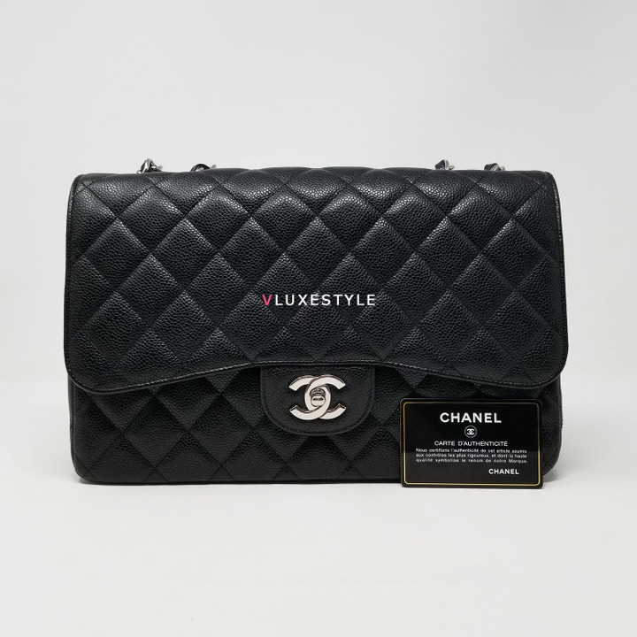 Chanel Classic Jumbo Single Flap Black Quilted Caviar with silver hardware
