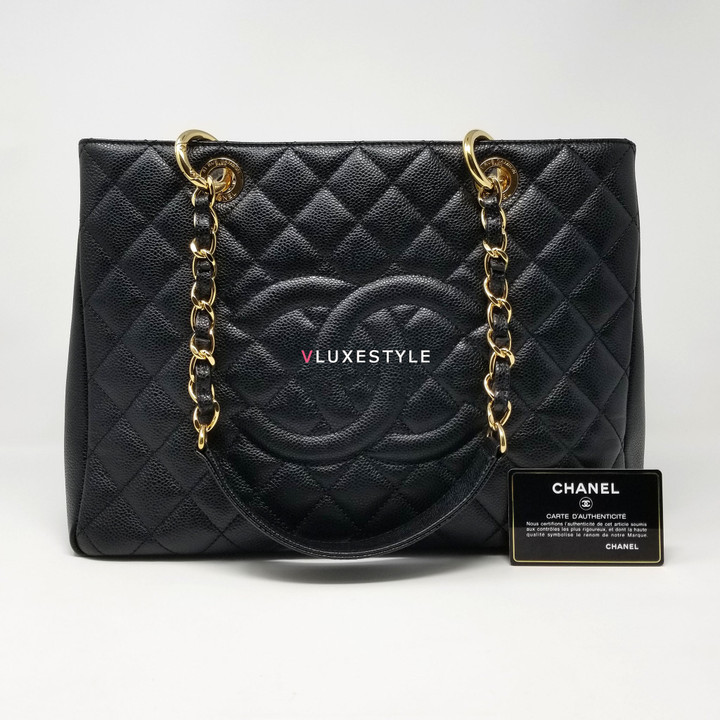 Chanel Grand Shopping Tote GST Black Quilted Caviar with gold hardware