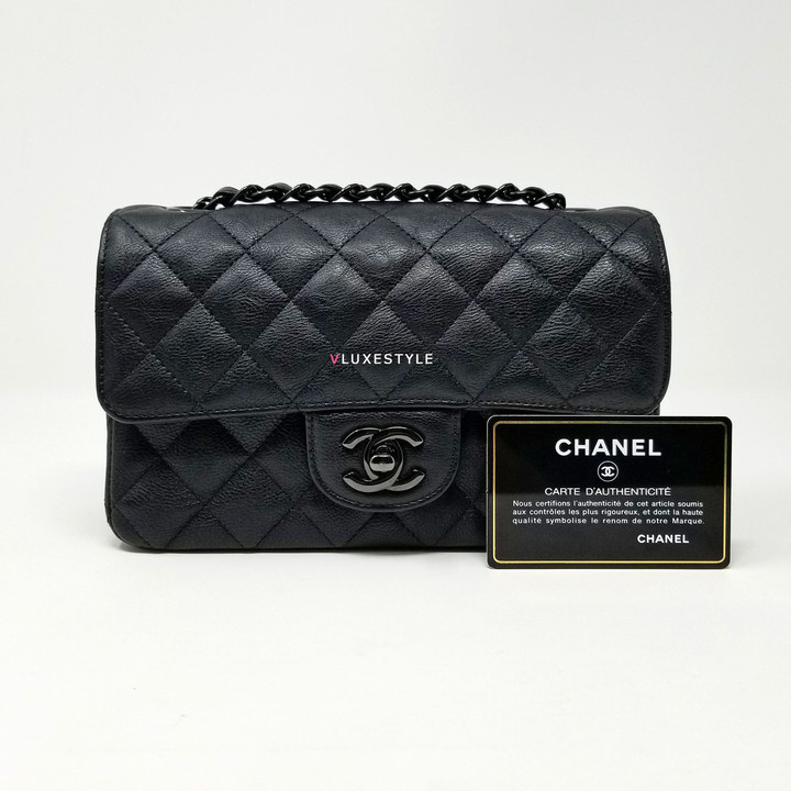 VAN CLEEF & ARPELS Chanel 17S So Black Classic Mini Rectangular Quilted Crumpled Calfskin with shiny black hardware 