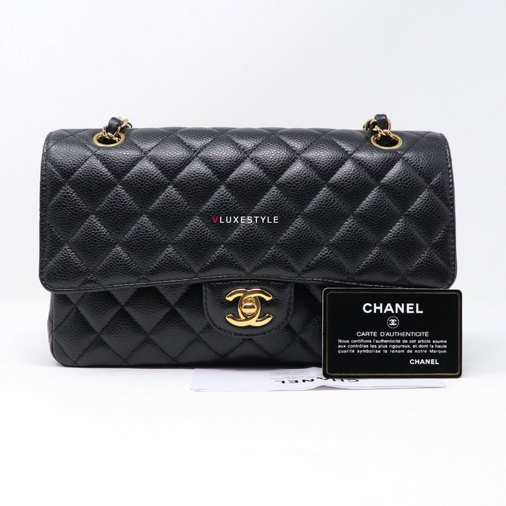 VAN CLEEF 
ARPELS Chanel Classic Medium Double Flap Black Quilted Caviar with gold hardware-1653430569 