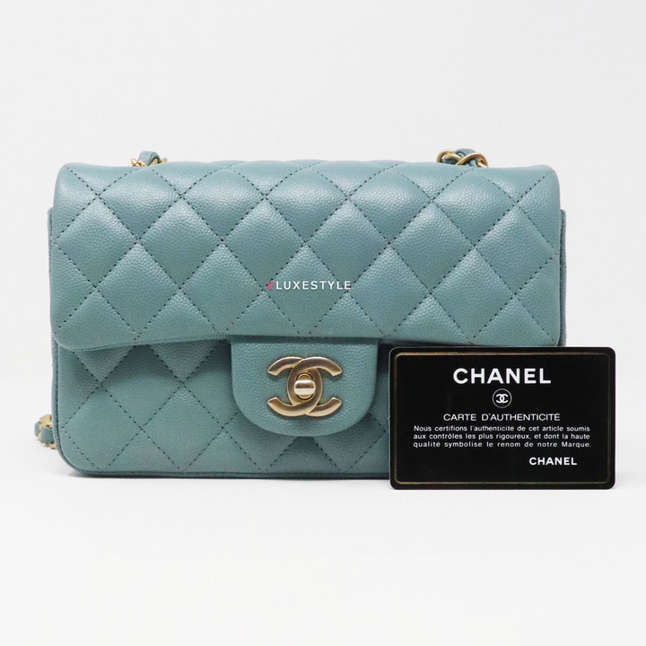 Classic 18C Mini Rectangular Blue Iridescent Quilted Caviar with brushed gold hardware