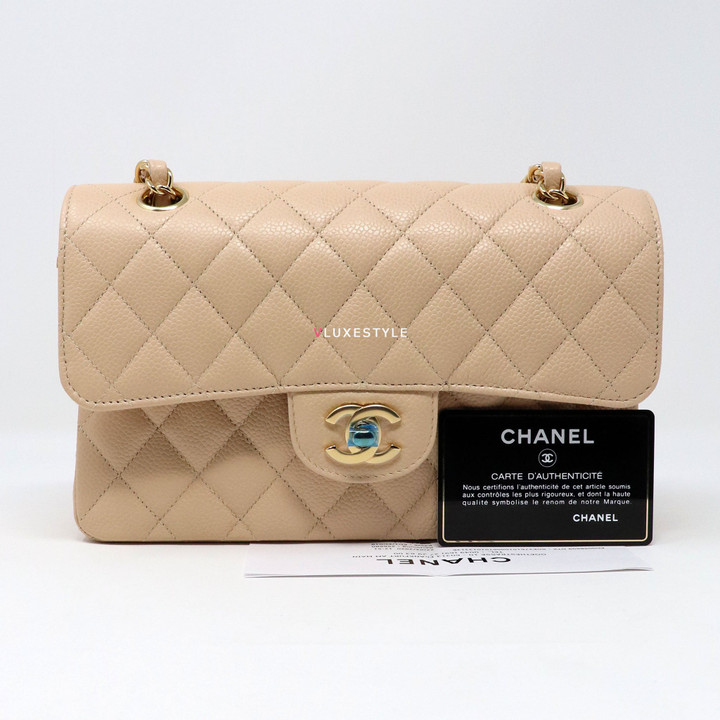 Chanel Classic Small Double Flap Beige Quilted Caviar with gold hardware-1653431861