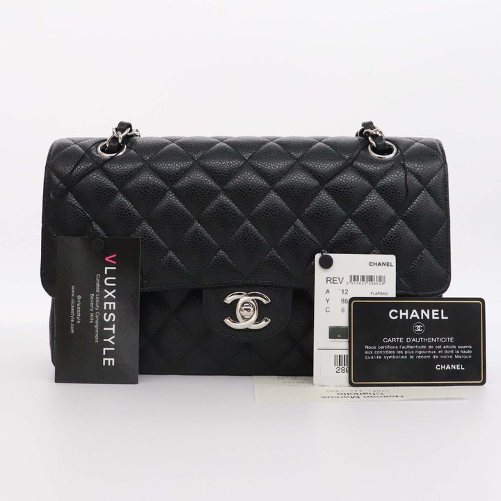 Chanel Classic Medium Double Flap Black Quilted Caviar with silver hardware-1653432347