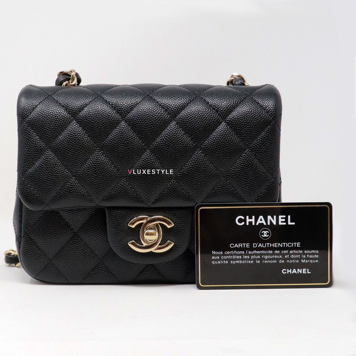 Chanel Classic Mini Square Flap, Black Caviar Leather, Gold Hardware,  Preowned in Dustbag MA001