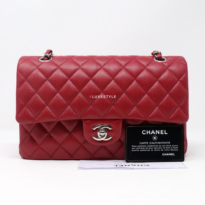 Chanel Classic Medium Double Flap 17B Red Quilted Caviar with silver hardware