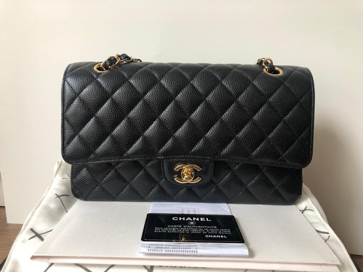 Classic Medium Black Quilted Caviar with gold hardware