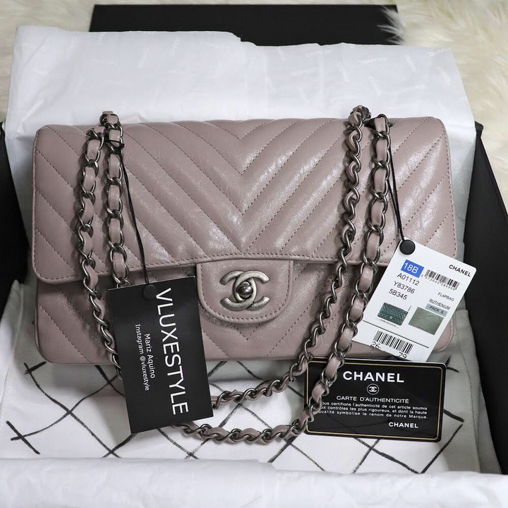 RESERVED Chanel Classic Medium Double Flap 18B Iridescent Taupe Chevron Aged Calfskin with ruthenium hardware