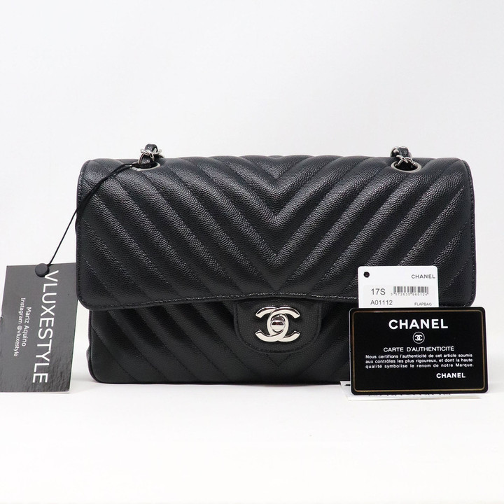 VAN CLEEF 
ARPELS Chanel Classic Medium Double Flap 17S Chevron Caviar with silver hardware 
