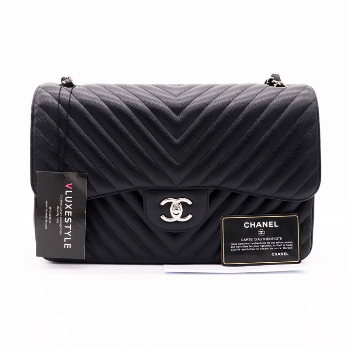 Chanel Classic Jumbo Double Flap 16S Black Chevron Caviar with silver hardware-1653435744