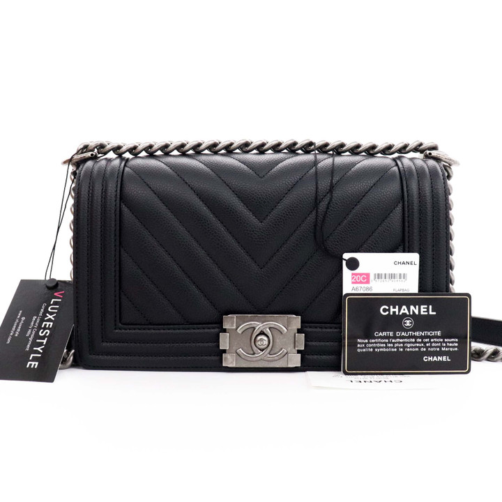 Chanel Le Boy Old Medium 20C Black Chevron Caviar with ruthenium hardware