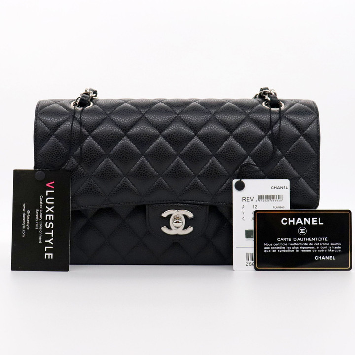 Chanel Classic Medium Double Flap Black Quilted Caviar with silver hardware-1653436523
