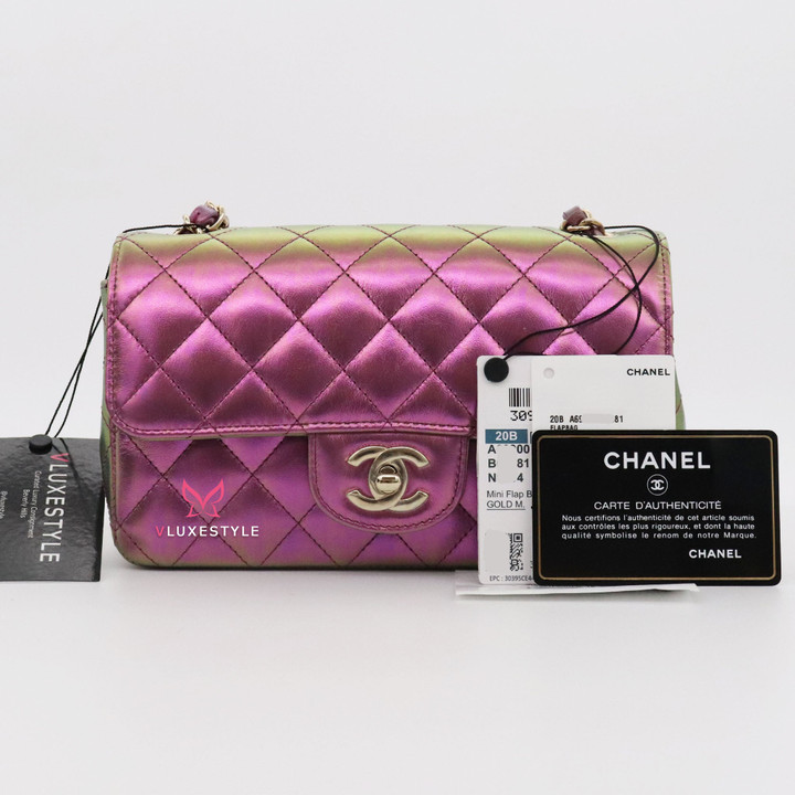 Chanel Classic Mini Rectangular  20B Purple/Green Iridescent Quilted Lambskin with light gold hardware