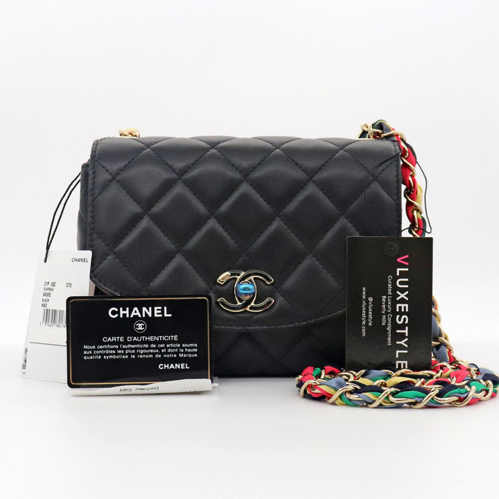 Chanel Flap Bag 21P Black Quilted Lambskin with multi-color strap and gold hardware