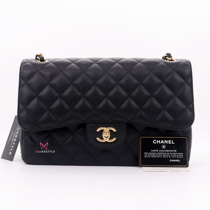 VAN CLEEF 
ARPELS Chanel Classic Jumbo Double Flap Black Quilted Caviar with gold hardware-1653439218 
